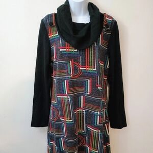 Anthropologie Aryeh Geometric Sweater Dress Cowl Neck  Large Black Long Sleeve